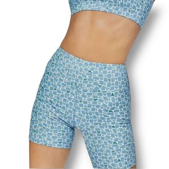 NWT EleVen by Venus Williams S Sky Blue Biker Shorts Retro Print Active Gym Yog - Picture 1 of 9